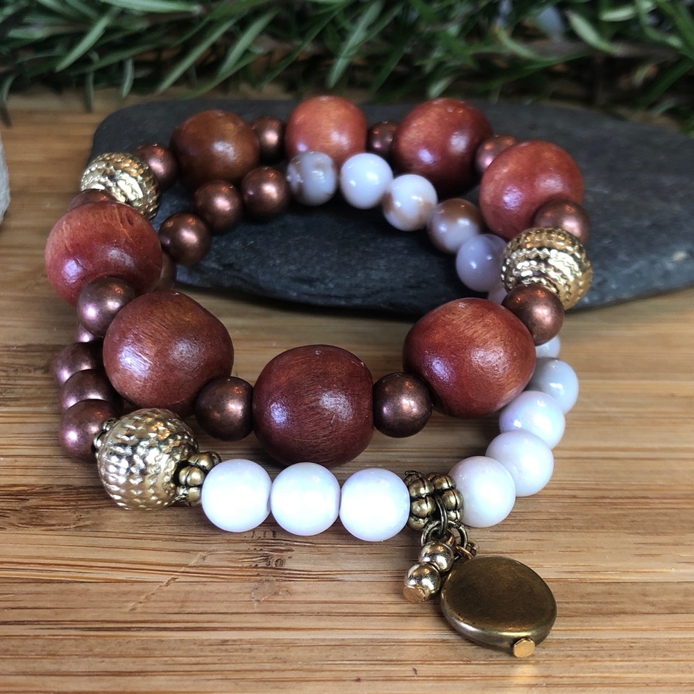 2 Piece Wooden Bead Stretch Bracelet Set